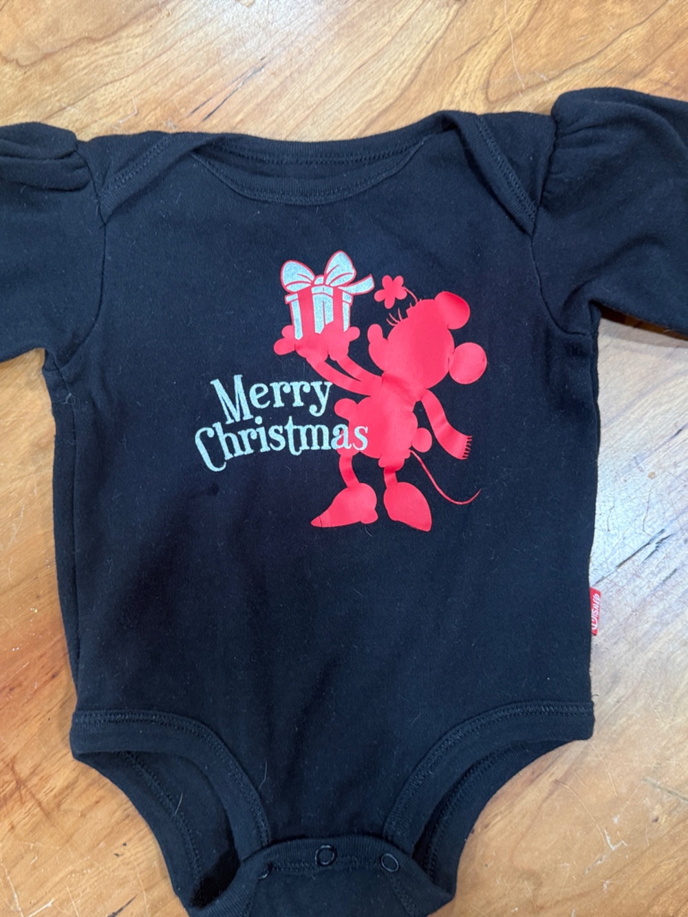 Disney Black Long-Sleeve Bodysuit with Red Holiday Character